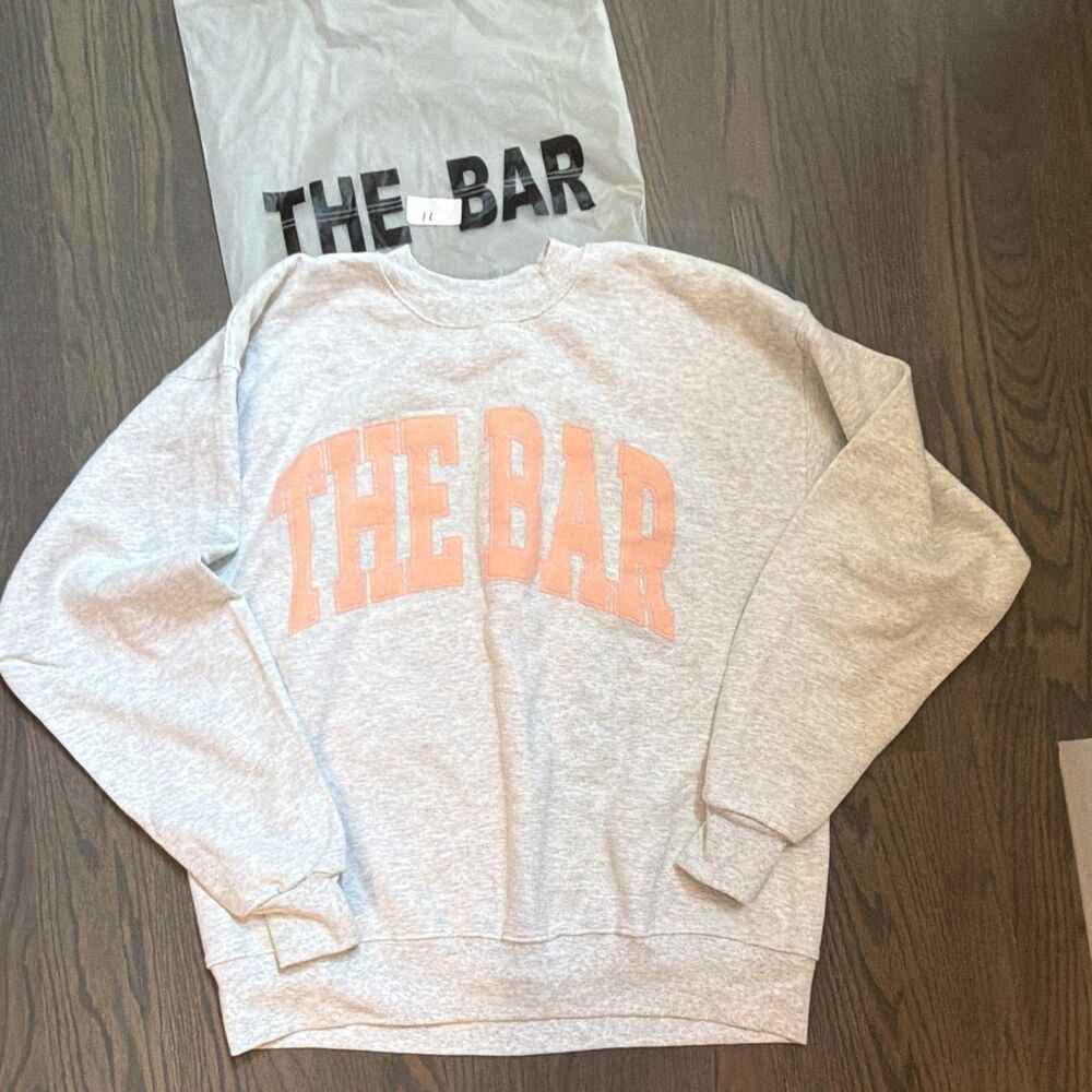 THE BAR Heather Grey Pink Collegiate Logo Crewneck Pullover Sweatshirt Large L